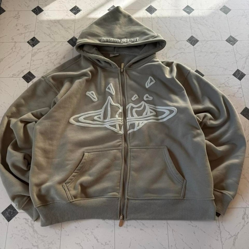 Broken Planet Market Zip Up Hoodie Grey Puff Logo Streetwear Large